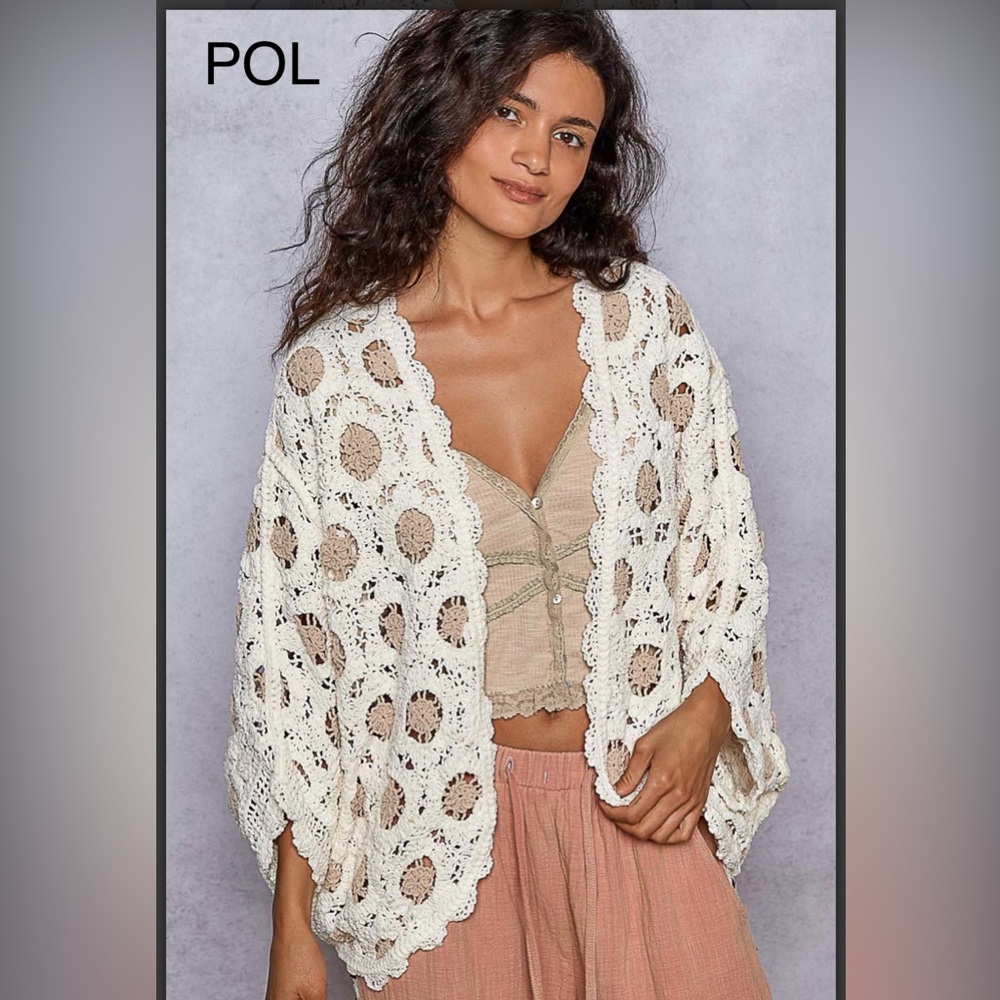 BP219-1🤍🤎NEW! POL pretty cream+tan/blush crochet open sweater perfect transition